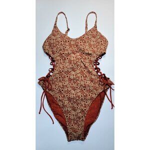 ROBIN PICCONE ONE PIECE SWIMSUIT WOMENS SIZE 8 ORANGE SIDE LACES FLORAL NWT